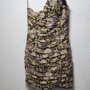 Zara One-Shoulder Dress with Black, Gold, and Purple Floral Design